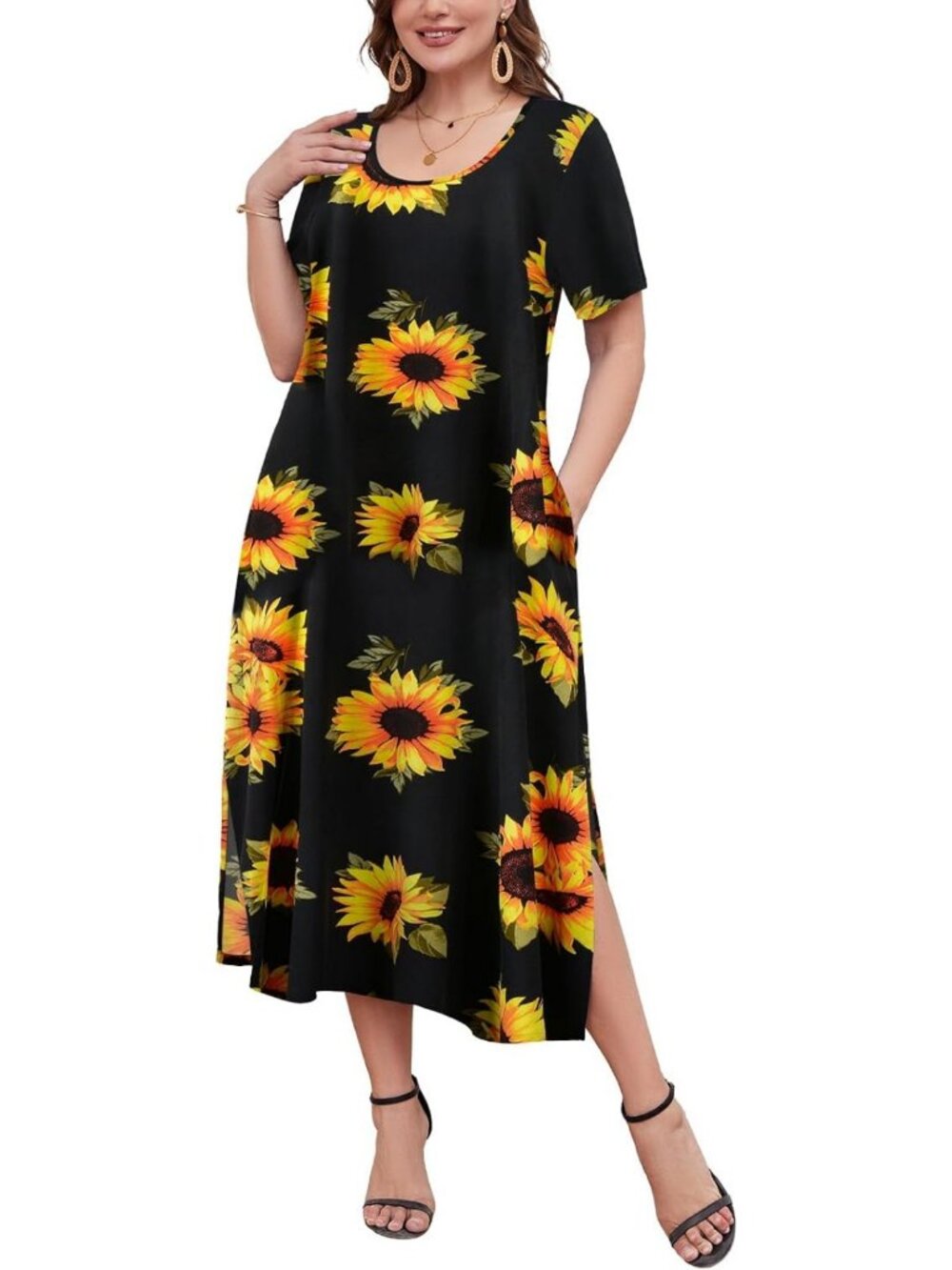 Plus Size Maxi Dress for Women, Short Sleeve T-Shirt Style with Pockets